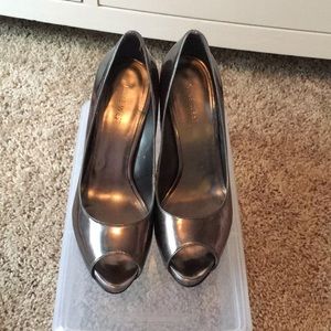 Gunmetal peep toe pumps